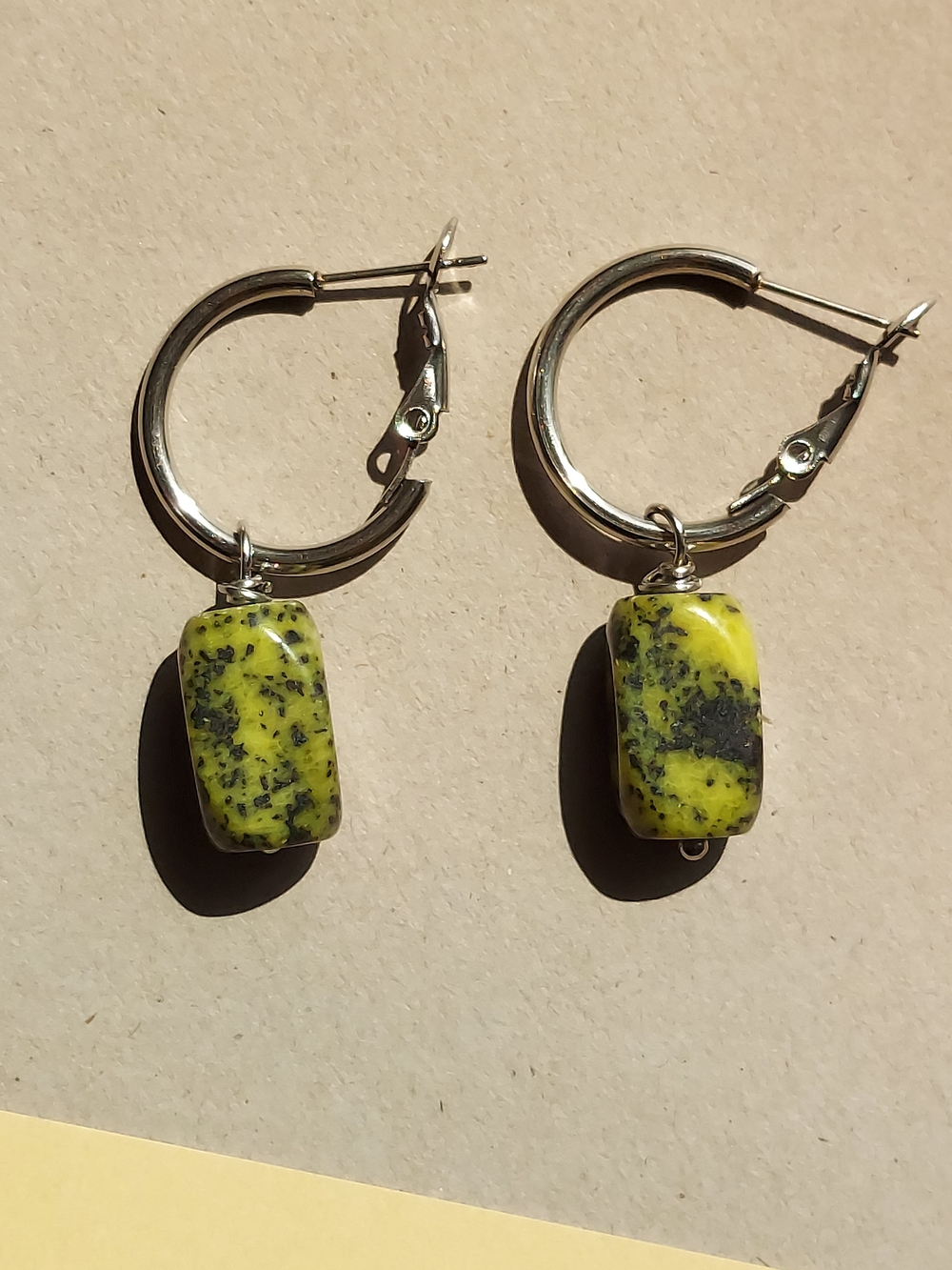 Green and Black Serpentine Stone Hoop Dangle Earrings
